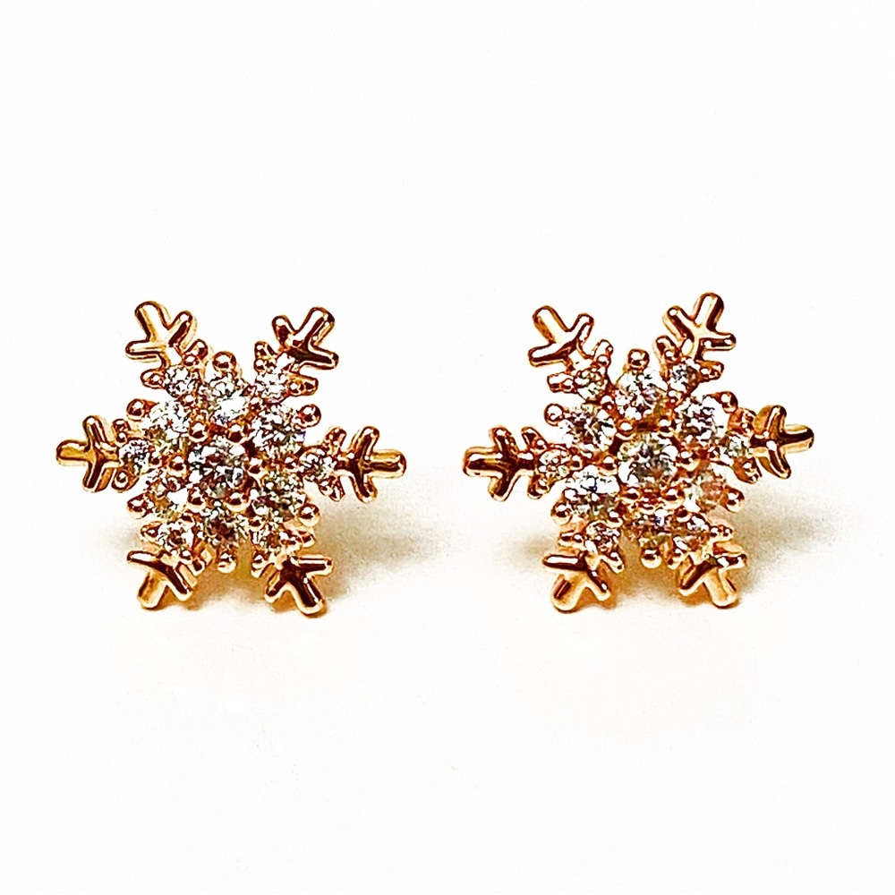 Rose Gold Zircon Snowflake Stud Earrings Holiday Jewelry Gift for Her